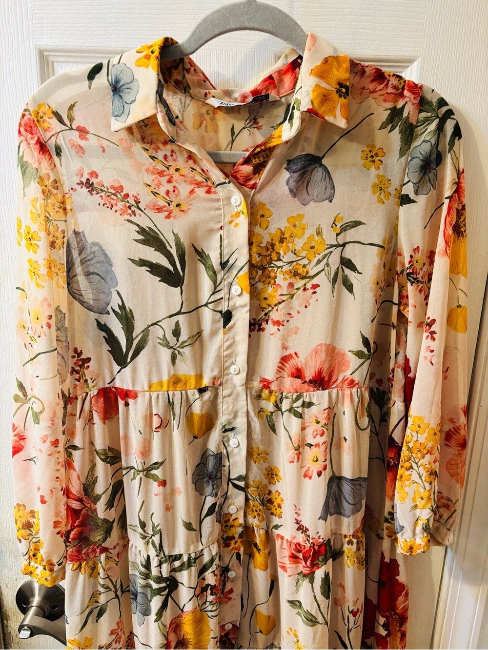 Zara Cream Floral Tiered Midi Dress with Pink & Yellow Blooms - Picture 3 of 5
